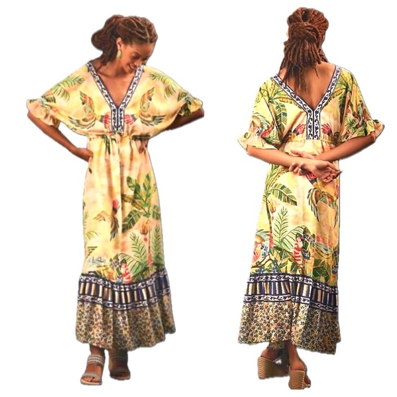 Rare‼️FARM Rio Tropical Print V-Neck Puff Sleeve Maxi Dress Fits Size XS or S - Picture 2 of 16